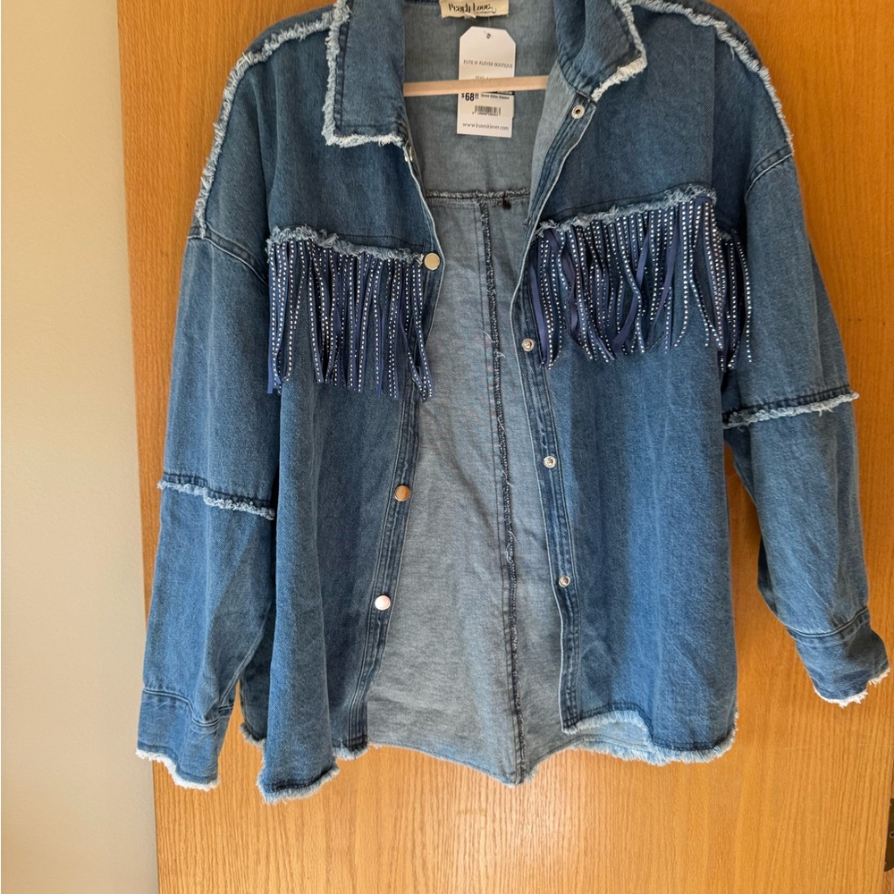 Peach Love California Blue Denim Jacket with Fringe